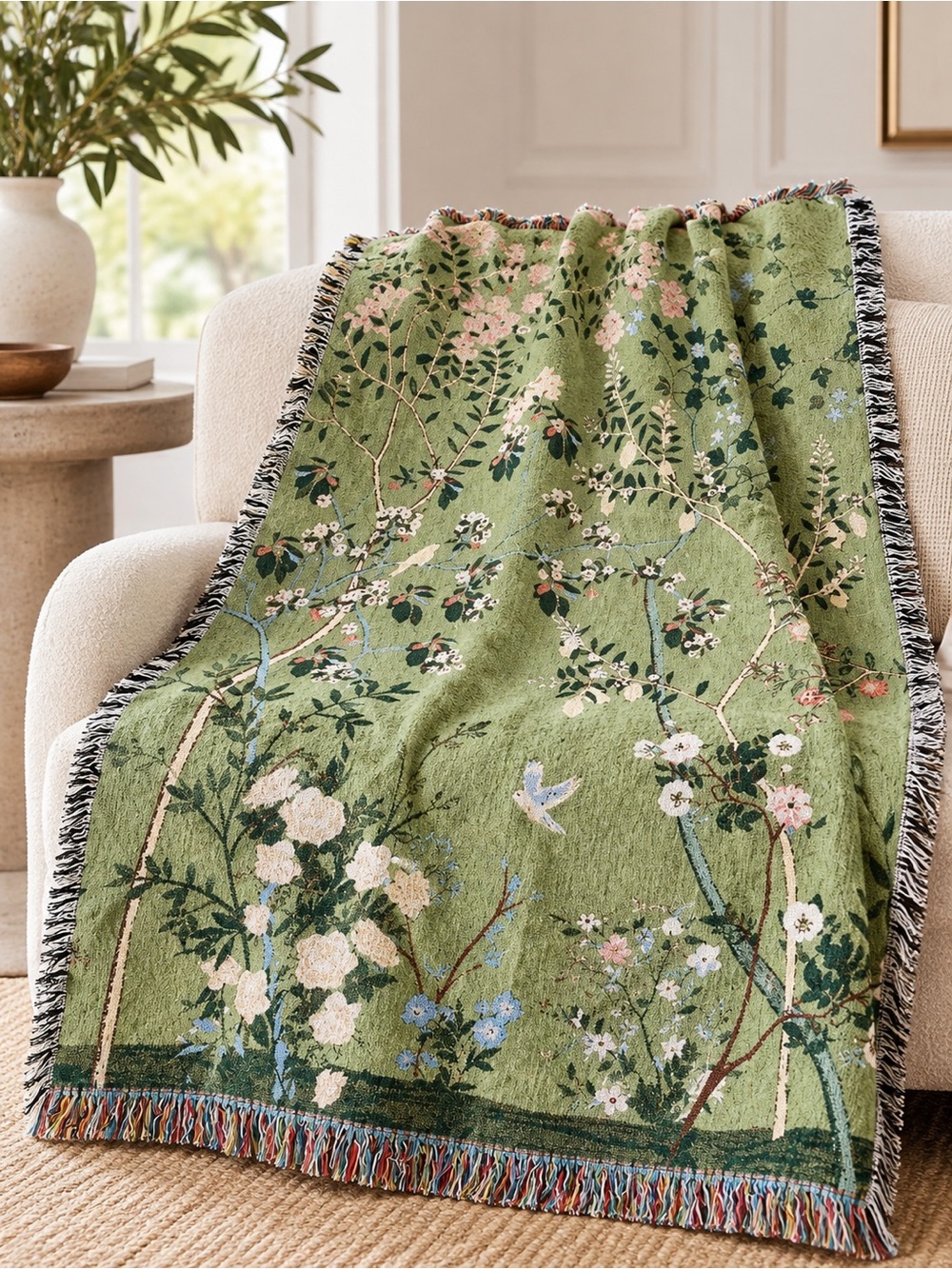 ANTHROPOLOGIE Estella Green Floral Cotton Woven Throw Blanket 50x70 Botanical